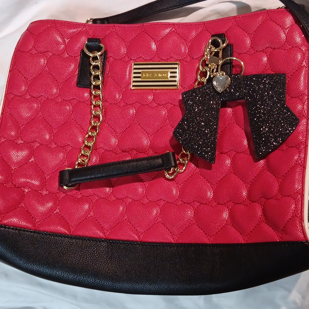 Betsy Johnson  red hearts, black and white stripes, gold and diamond charm purse